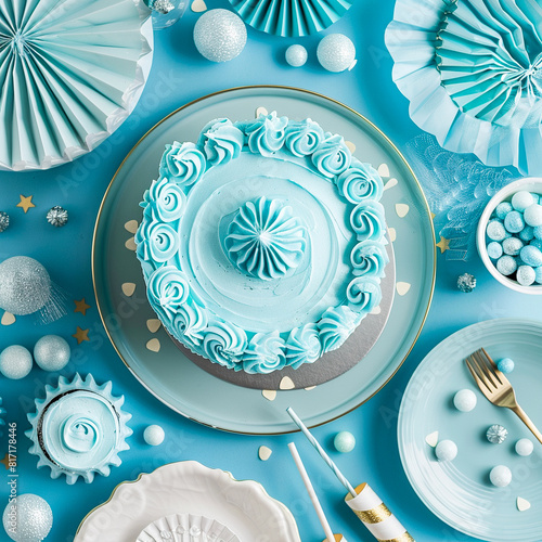 Light blue cake setting with party decorations