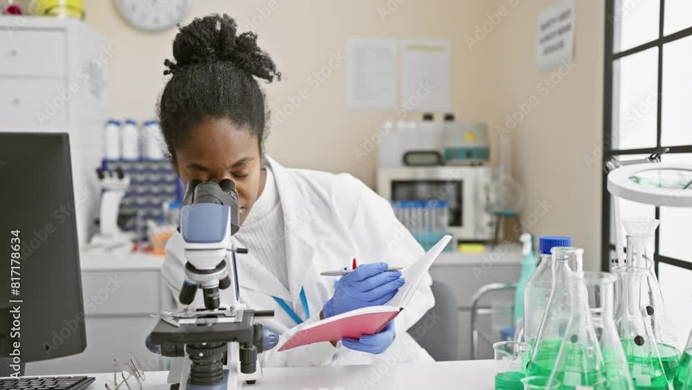 African woman scientist observing through microscope and taking notes in lab African woman scientist observing through microscope and taking notes in lab
