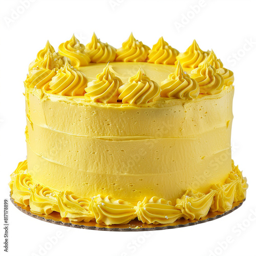 Frosted cake with yellow icing isolated on white