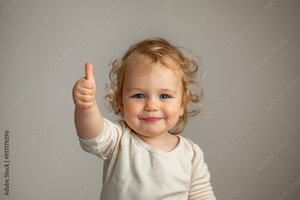 Adorable curly-haired toddler smiling and giving a thumbs up gesture with a neutral background, portraying positivity and childhood innocence Adorable curly-haired toddler smiling and giving a thumbs up gesture with a neutral background, portraying positivity and childhood innocence