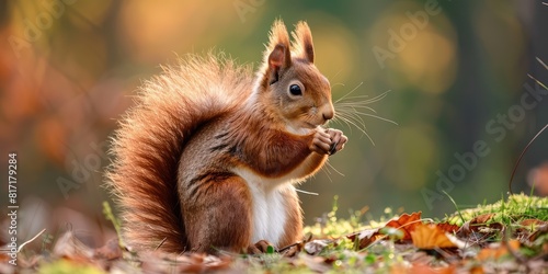 A very nice squirrel  Sciurus vulgaris  in the forest  animal theme.