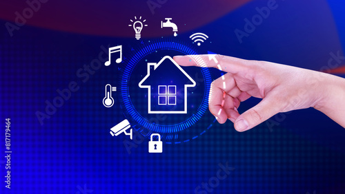 Smart home technology  User touches virtual screen manage smart home features including security  lighting  temperature  Smart home and Iot concept.