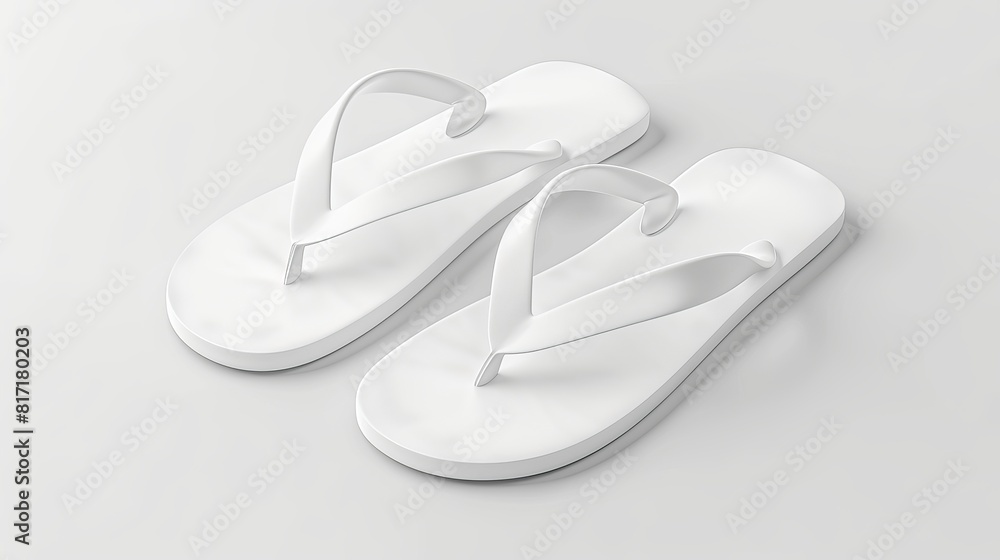 3D illustration of plain white beach slippers, presented as a mockup template on a white background. 3D illustration of plain white beach slippers, presented as a mockup template on a white background.