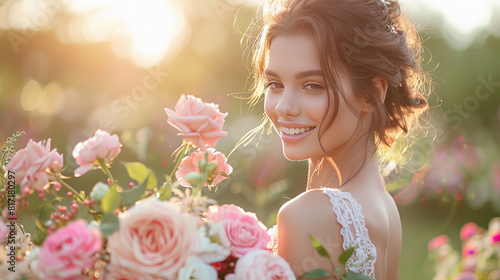 A bride in a white wedding gown holding a lush bouquet of pink roses