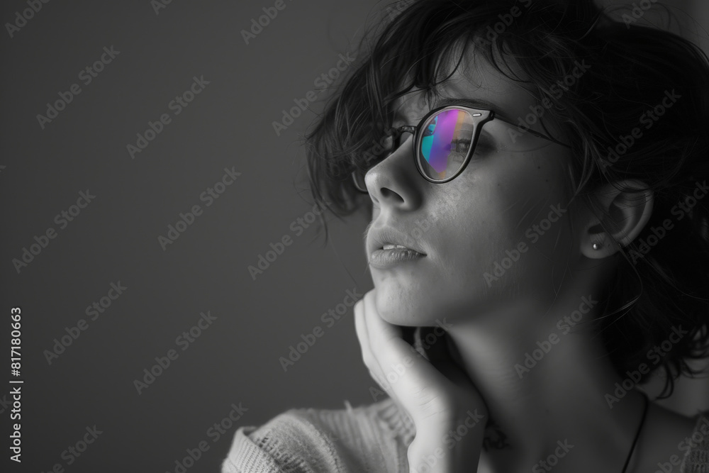 A black and white photo showing a woman wearing glasses A black and white photo showing a woman wearing glasses