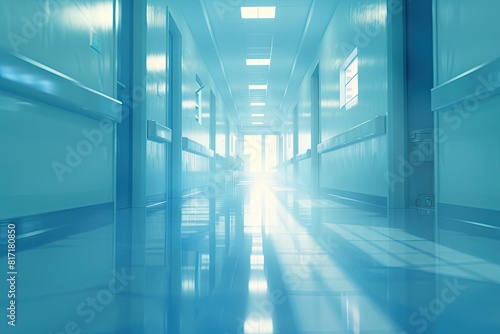 A hospital hallway with lots of windows and an electric blue floor