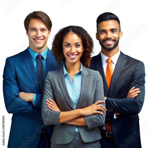 Three Business Professionals Smiling Confidently in Studio Portrait on a Bright Day photo