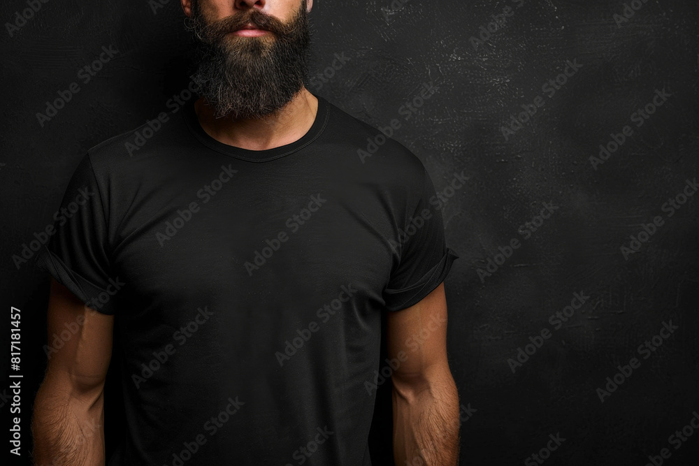 A man with a beard is standing against a black wall in black t shirt 