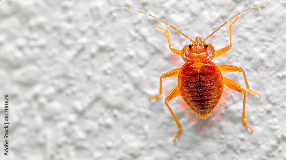 Detailed close up photography of red bedbug on white wall highlighting piercing beak Detailed close up photography of red bedbug on white wall highlighting piercing beak