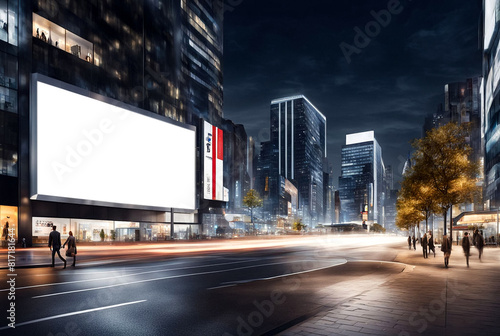 Big blank ad mockup billboard in business district at night city, advertising banner. Promo poster mock-up in urban street, template for text. Presentation board, screen display design. Copy ad space