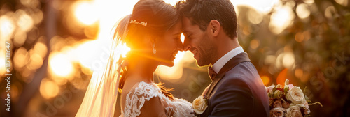 A bride and groom are kissing each other in front of a vibrant sunset, showcasing their love and celebration of marriage