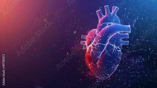  Abstract blue and red human heart. Heart anatomy. Healthcare medical concept. Low poly style design. Geometric background. Wireframe light connection structure. Modern 3d graphic concept. Vector 