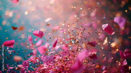 Pink confetti descends against a dark backdrop, creating a striking contrast with its vivid color photo