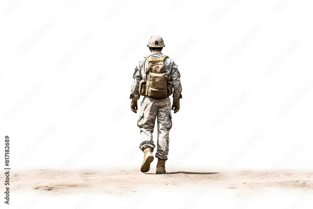 Uniformed soldier in abundation, on a white background. A man in American camouflage uniform, rear view. Uniformed soldier in abundation, on a white background. A man in American camouflage uniform, rear view.
