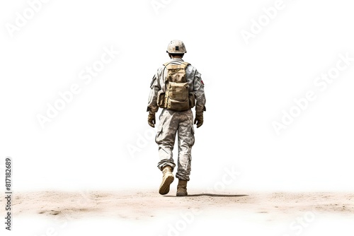 Uniformed soldier in abundation, on a white background. A man in American camouflage uniform, rear view. © Сергій Колесніков