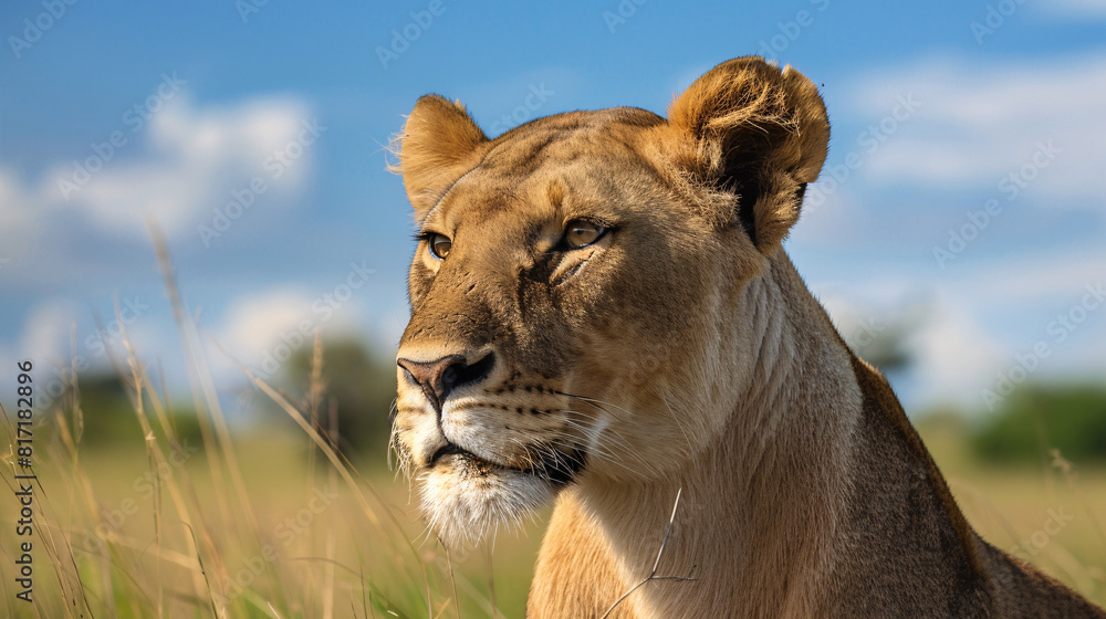 Obraz premium Portrait female lion. A majestic portrait of a female lion showcasing her powerful features and golden fur..