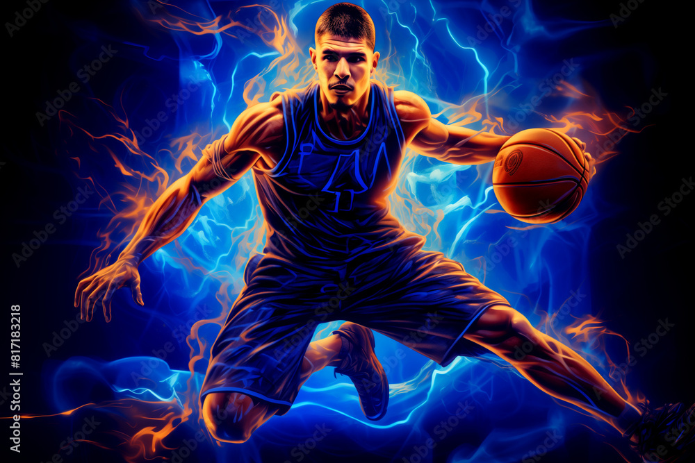 Obraz premium basketball player in intense blue and orange light, player in action, dynamic sports illustration
