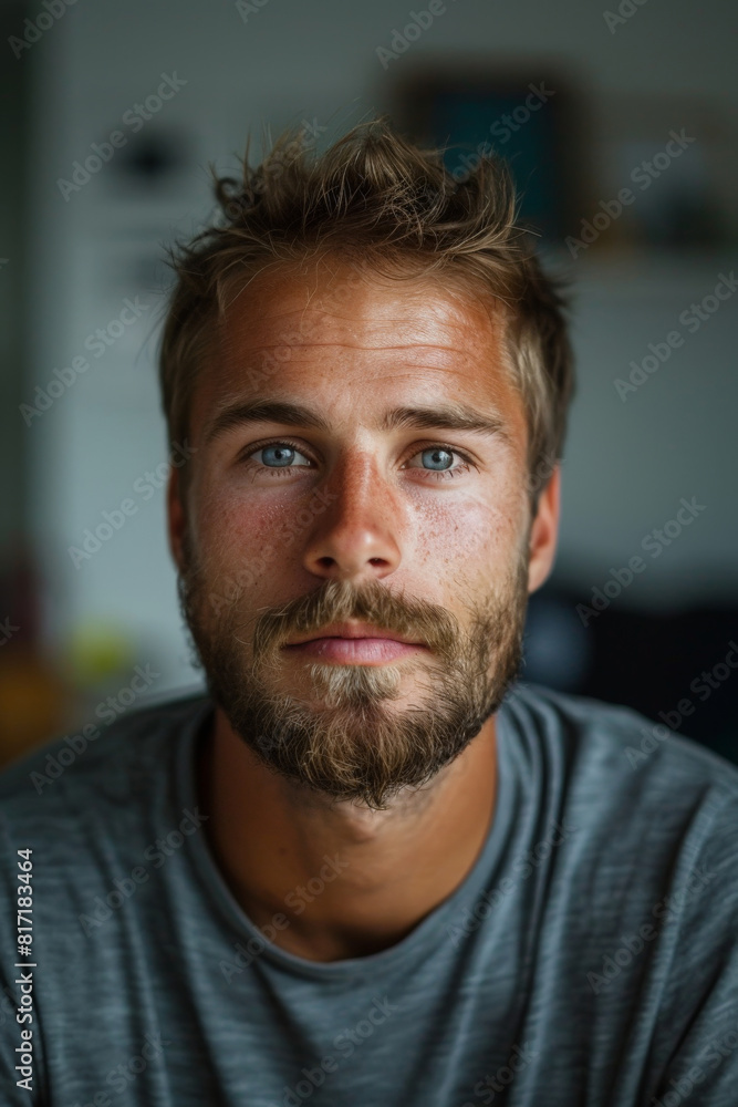 A man with a beard making direct eye contact with the camera A man with a beard making direct eye contact with the camera