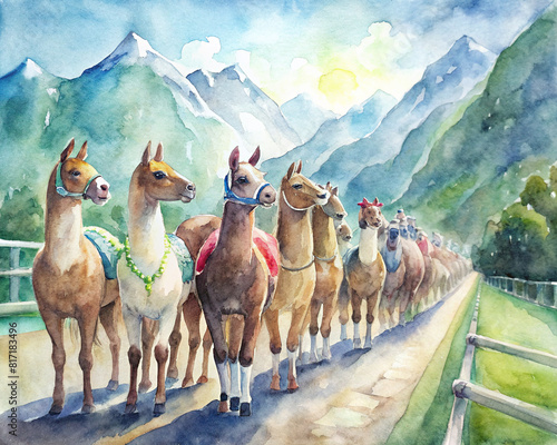 llamas lined up at the starting line  with jockeys preparing for the race amidst a backdrop of greenery and mountains