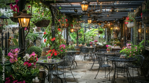 A picturesque outdoor cafe garden adorned with vibrant flowers and hanging lanterns creates a tranquil atmosphere during the day, inviting guests to enjoy a serene dining experience. photo