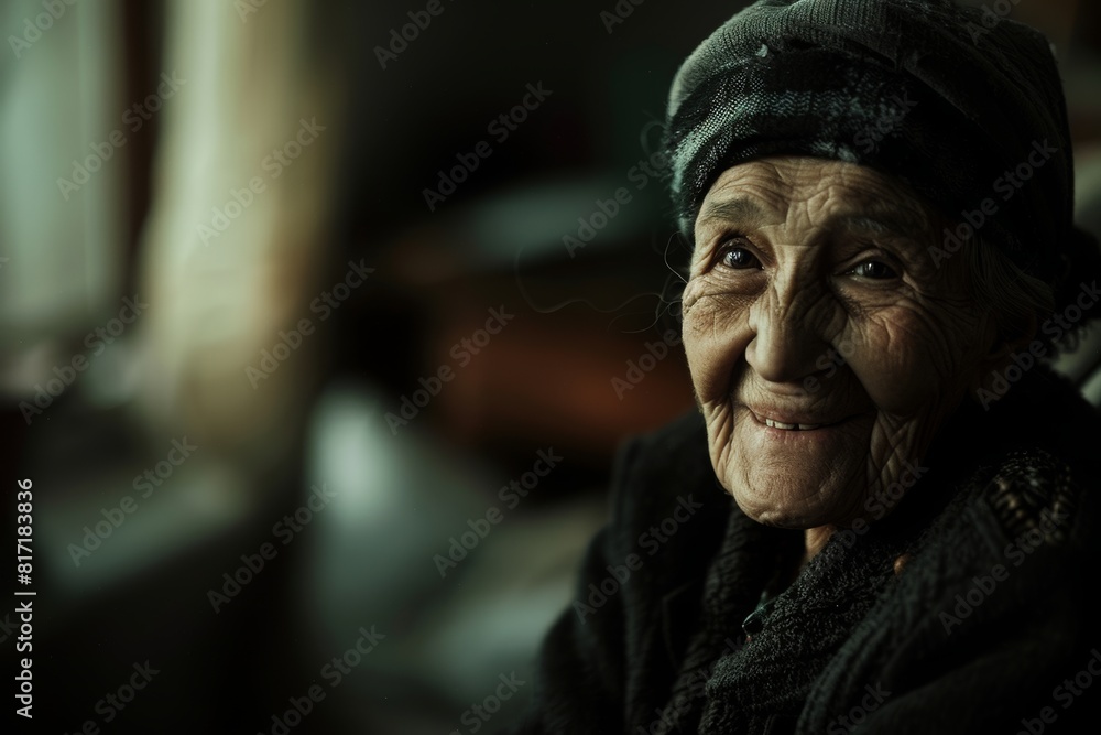 Portrait of an elderly woman outdoors, her warm, infectious smile lighting up the surroundings.

