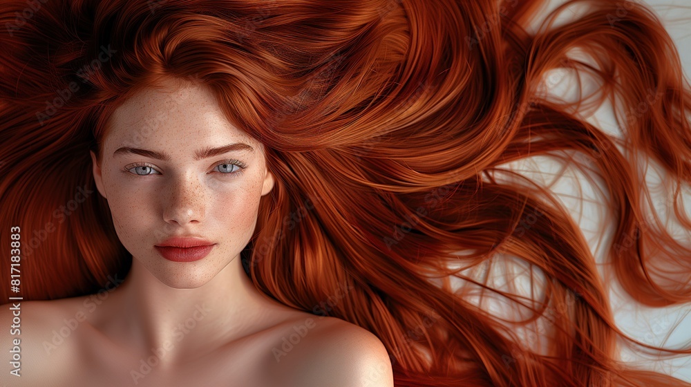 A beautiful caucasian woman showcasing long, smooth, and shiny mahogany hair, advertising for hair dye products, hair care, white solid color background, copy space. A beautiful caucasian woman showcasing long, smooth, and shiny mahogany hair, advertising for hair dye products, hair care, white solid color background, copy space.