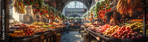 Illustrate an unconventional camera angle showcasing a bustling marketplace with vendors creating molecular gastronomy dishes, merging art and science seamlessly photo