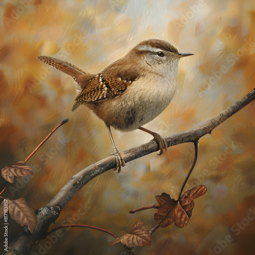 Wren Bird Perched on Twig Against Autumnal Backdrop: The Ultimate Display of Nature's Camouflage