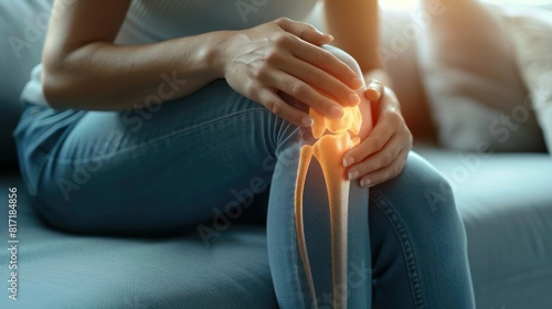 A woman with knee pain sitting on the sofa at home, close-up of joint and Knee Pain Experiencing Discomfort as a Result of Leg Trauma or Arthritis. Massaging the Muscles to Ease the Injury.