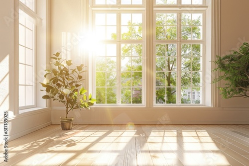 Sunlight filters through windows in empty room with wood flooring