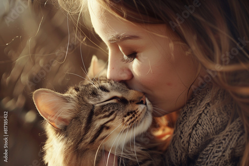 A lady kissing a cat in head with love