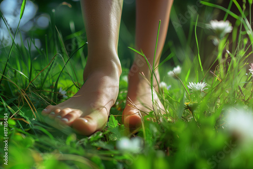 Woman's bare feet standing on the green grass