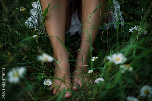 Woman bare feet in high grass with daisiest