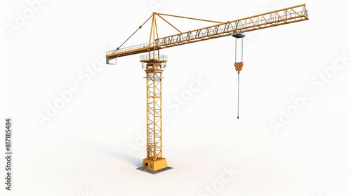 Fototapeta Naklejka Na Ścianę i Meble -  A 3D rendering of a full-height yellow tower crane isolated on a white background, representing building and construction equipment.