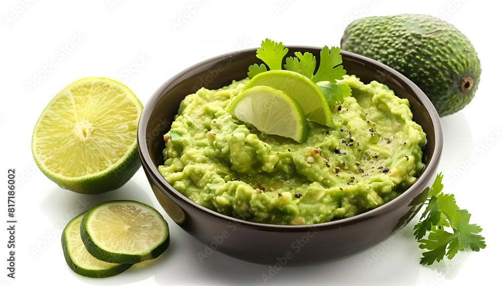 Bowl of delicious guacamole with lime isolated on white Bowl of delicious guacamole with lime isolated on white