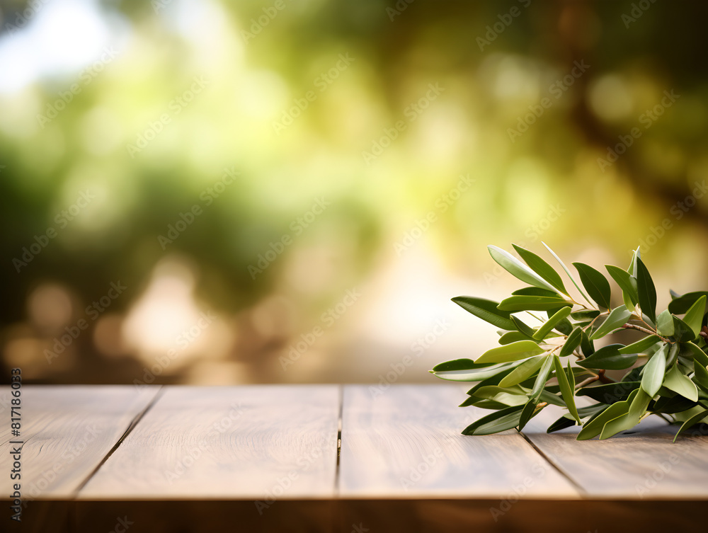 Mock up podium with green olive twig on wooden table, blurred green outdoor background Mock up podium with green olive twig on wooden table, blurred green outdoor background