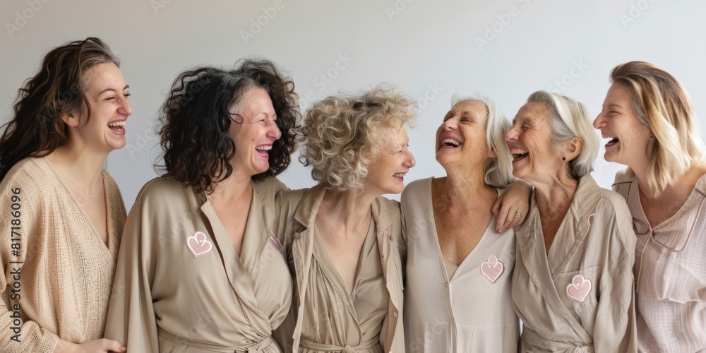 Candid photo of a group of ladies standing against white backdrop wearing beige clothes, laughing and smiling
