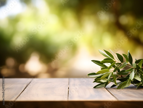 Mock up podium with green olive twig on wooden table  blurred green outdoor background 