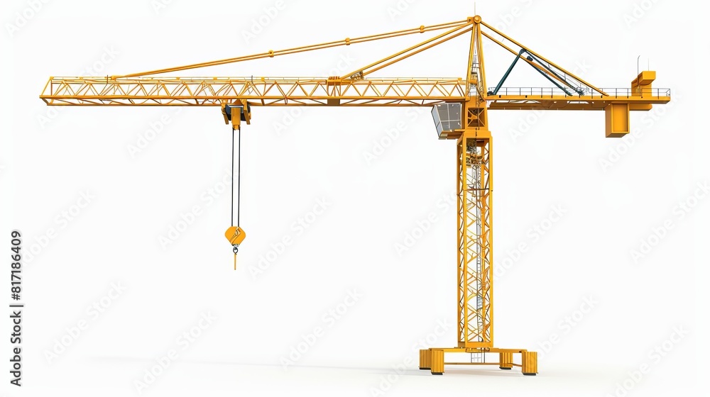 A 3D rendering of a full-height yellow tower crane isolated on a white background, representing building and construction equipment. A 3D rendering of a full-height yellow tower crane isolated on a white background, representing building and construction equipment.