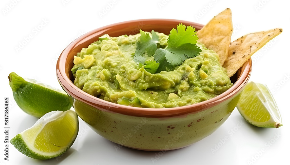 Bowl of delicious guacamole with lime isolated on white Bowl of delicious guacamole with lime isolated on white