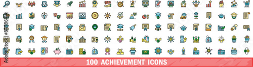 100 achievement icons set. Color line set of achievement vector icons thin line color flat on white