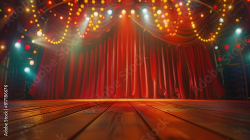 Circus platform with a bright red curtain under carnival lights, close up on the festive atmosphere, concept of entertainment, vibrant, Blend mode, arena backdrop