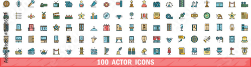 100 actor icons set. Color line set of actor vector icons thin line color flat on white