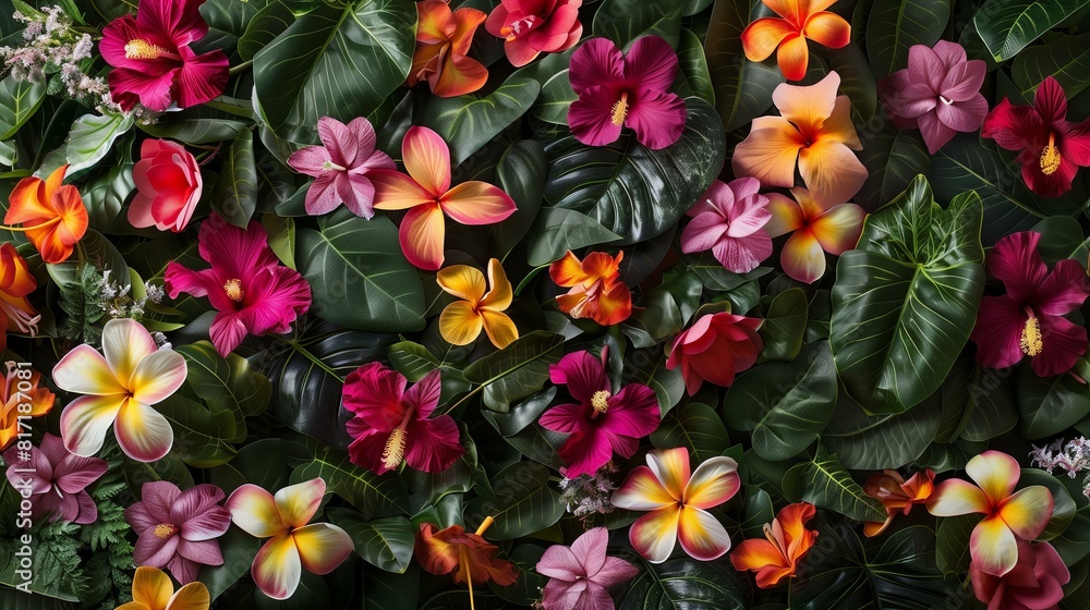 flower wall background made of hibiscus, orchids, plumeria, some tropical leaves, very colorful flower wall background made of hibiscus, orchids, plumeria, some tropical leaves, very colorful