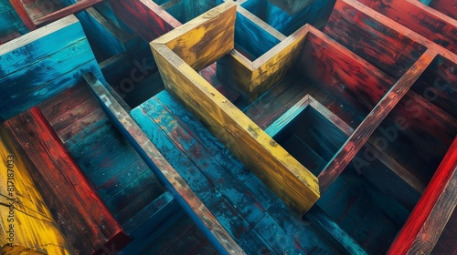 Creative abstract illustration of a wooden labyrinth from above, with narrow pathways painted in blue, red, and yellow, focus on artistic interpretation