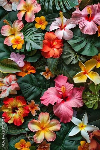 Wallpaper Mural flower wall background made of hibiscus, orchids, plumeria, some tropical leaves, very colorful Torontodigital.ca