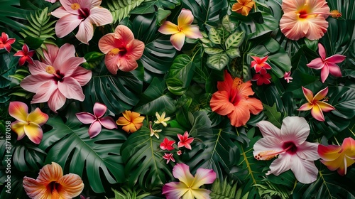 flower wall background made of hibiscus  orchids  plumeria  some tropical leaves  very colorful