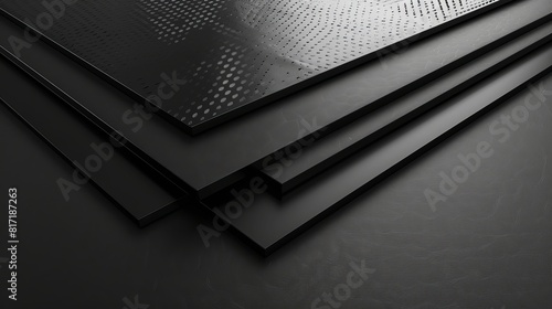 A 3D rendering of blank mockups featuring layers of black leather, carbon, net, and metal materials, suitable for protection structures, isolated for presentations. photo