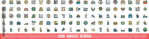 100 adult icons set. Color line set of adult vector icons thin line color flat on white