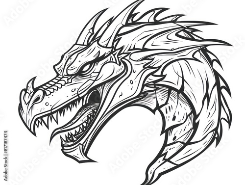 dragon head fantasy black and white line art artwork, on white background